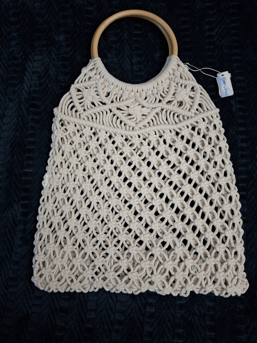 Handmade Macramé Tote with Wooden Handles - Cream